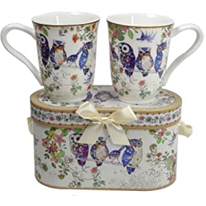 Lightahead Royal Bone China Unique Set Of Two Coffee / Tea Mugs in an Family of Owls Design