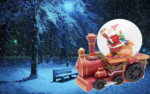 Lightahead Musical Christmas Santa with gifts Figurine Water Ball Snow Globe on a Train Engine, with the Inside Figurine Revolving in polyresin