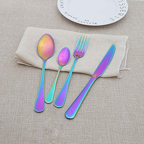 Lightahead 16pcs Rainbow colored Iridescent Stainless Steel Flatware Cutlery Set in Black Gift Box
