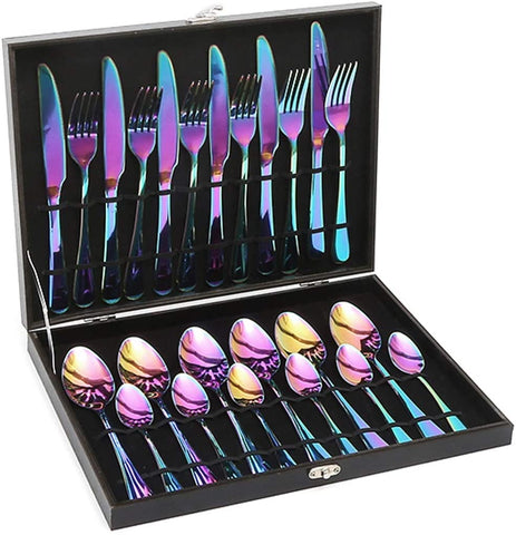 Lightahead 24pcs Rainbow colored Iridescent Stainless Steel Flatware Cutlery Set in Black Gift Box