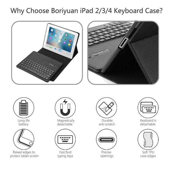 Lightahead iPad 2 3 4 keyboard case, Leather Smart Case Stand Folio Cover with Detachable Wireless Bluetooth Keyboard for Apple iPad 2/ ipad 3/ ipad 4 (9.7 inch) - Black