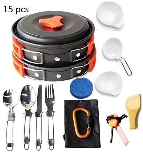 Lightahead 15Pc Camping Cookware Set Mess Kit Lightweight Compact for Camping Hiking Outdoor Cooking