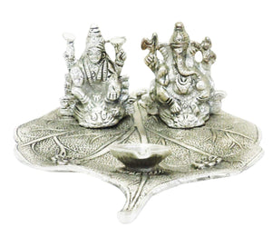 Lightahead Lord Ganesh & Goddess Lakshmi a Unique Diya Tea Light Candle Stand in White Metal Statue of Hindu Gods on a Leaf Made in India Great Diwali Gift