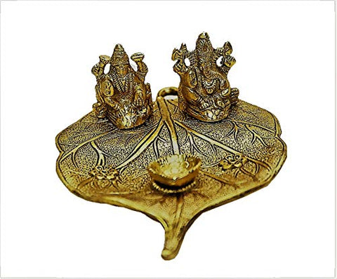 Lightahead Lord Ganesh & Goddess Lakshmi a Unique Diya Tea Light Candle Stand in Yellow Metal Statue of Hindu Gods on a Leaf Made in India Great Diwali Gift