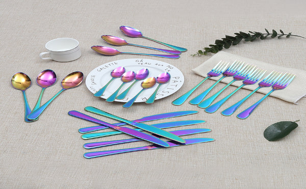 Lightahead 16pcs Rainbow colored Iridescent Stainless Steel Flatware Cutlery Set in Black Gift Box