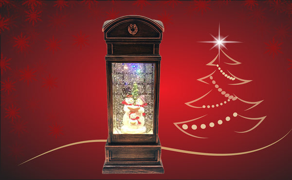 Lightahead Musical Light up Swirling Glitter Telephone Booth with Snowman Family Inside Figurine, Warm White LED Light and 8 Melodies