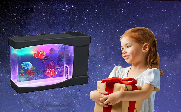 Lightahead Artificial Mini Aquarium Fish Tank Multi Color LED Swimming Fish Tank with Bubbles