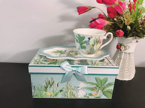Lightahead New Bone China Unique Tea Cup 8.5 oz, Royal Saucer Set Peacock in Rain forest design, PACKED in a Reusable Handmade Gift Box with Ribbon