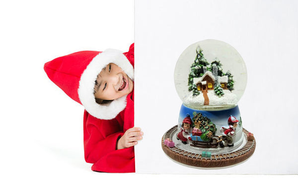 Lightahead Musical Christmas Scene Water Ball Snow Globe in 100 mm with The Inside Figurine and Outside Train Revolving