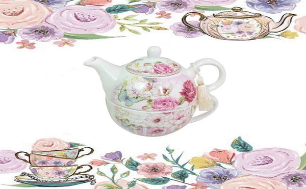 Lightahead Bone China Tea for One Set in Rose Design, in attractive Reusable Handmade Gift Box (With Bead & Ribbon)