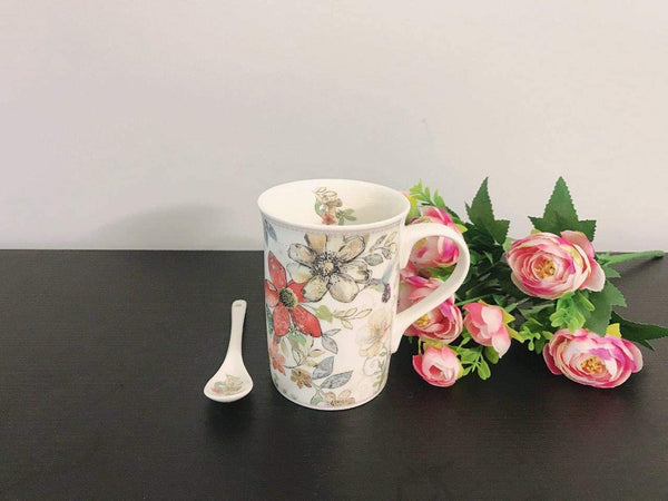 Lightahead Elegant Bone China Mug, Coaster and Spoon Set Floral Design 11.2 oz in attractive gift box