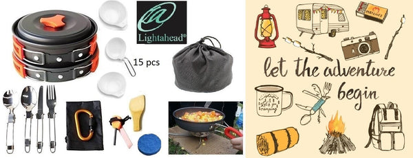 Lightahead 15Pc Camping Cookware Set Mess Kit Lightweight Compact for Camping Hiking Outdoor Cooking