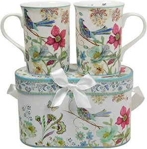 Lightahead Elegant Bone China Two Coffee Mugs set in Blue bird design 11.2 oz each cup in attractive gift box