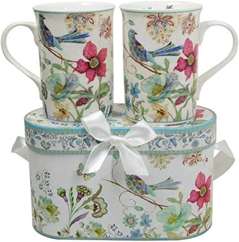 Lightahead Elegant Bone China Two Coffee Mugs set in Blue bird design 11.2 oz each cup in attractive gift box