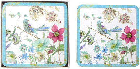 Lightahead Set of 4 MDF Wood Square Coasters for Tea Coffee Cups Mugs Drinks Glass, Spring Bird Design in a Gift Box (Blue)