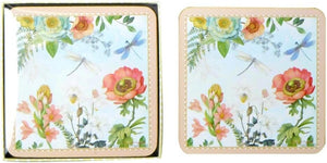 Lightahead Set of 4 MDF Wood Square Coasters for Tea Coffee Cups Mugs Drinks Glass, Floral Design in a Gift Box (Pink)