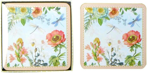 Lightahead Set of 4 MDF Wood Square Coasters for Tea Coffee Cups Mugs Drinks Glass, Floral Design in a Gift Box (Pink)