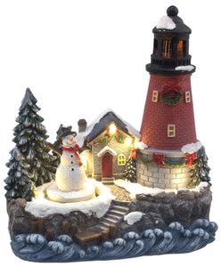 Lightahead Christmas Scene LED Lighted Lighthouse With Turning Snowman Sculpture, Musical Decoration with 8 melodies Tabletop Centerpieces