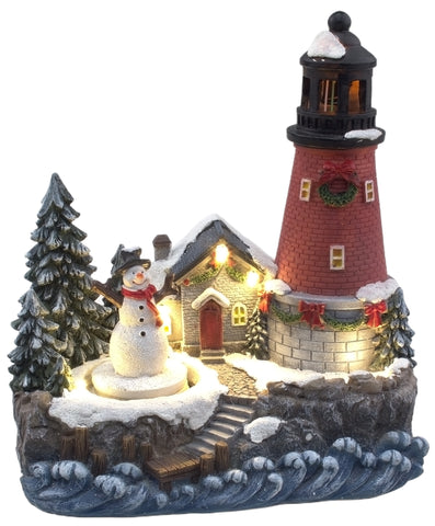 Lightahead Christmas Scene LED Lighted Lighthouse With Turning Snowman Sculpture, Musical Decoration with 8 melodies Tabletop Centerpieces