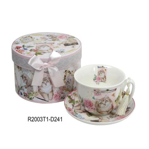 Lightahead Elegant Bone China Cappuccino Coffee Tea Cup and Saucer cat Kitten design 10 oz in attractive gift box