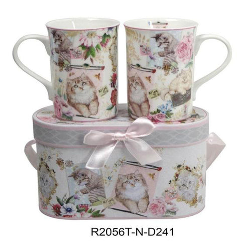 Lightahead Elegant Bone China Two Coffee Tea Mugs set in Cat, Kitten Design 11.2 oz each cup in attractive gift box