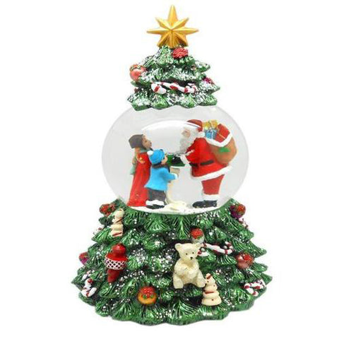 Lightahead Poly resin 80MM Christmas Tree Revolving Music Water Ball Snow Globe, Santa with Gifts