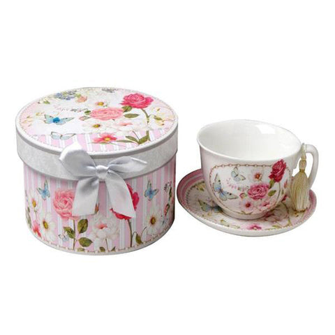Lightahead Bone China Cappuccino Coffee Tea Cup and Saucer Set in gift box pink Floral design 10oz