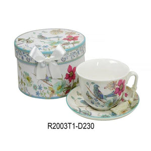 Lightahead Bone China Cappuccino coffee Tea Cup and Saucer Set in Blue Bird Design 10 oz in attractive gift box