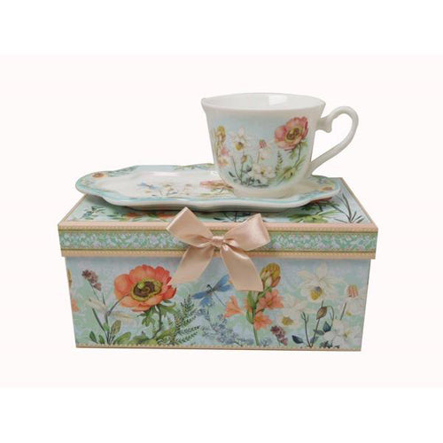 Lightahead New Bone China Unique Tea / Coffee Cup 10 oz and Snack Saucer Set in a Reusable Handmade Gift Box with Ribbon elegant floral design in attractive gift box