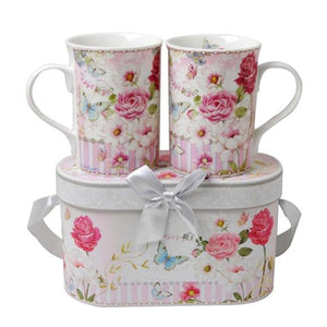 Lightahead Elegent Bone China 2 Coffee Tea Mugs set floral Design in attractive gift box 11 oz each