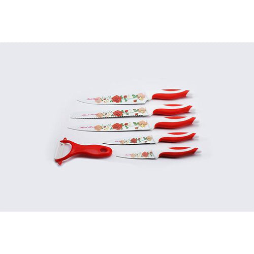 Lightahead Stainless Steel 6pc color Knife set-Chef,Bread, Carving,Utility, Paring & Slicer-Red Rose