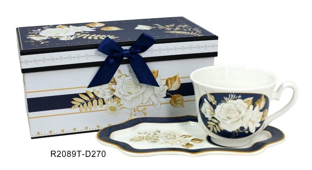 Lightahead Elegant Bone China Tea Cup and Royal Saucer in White Rose Design 8.5 oz in attractive reusable handmade gift box