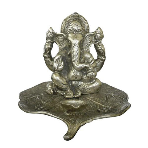 Lightahead® Lord Ganesh Ganapati The Elephant god statue figure Diya candle stand tea light holder on leaf in White Metal