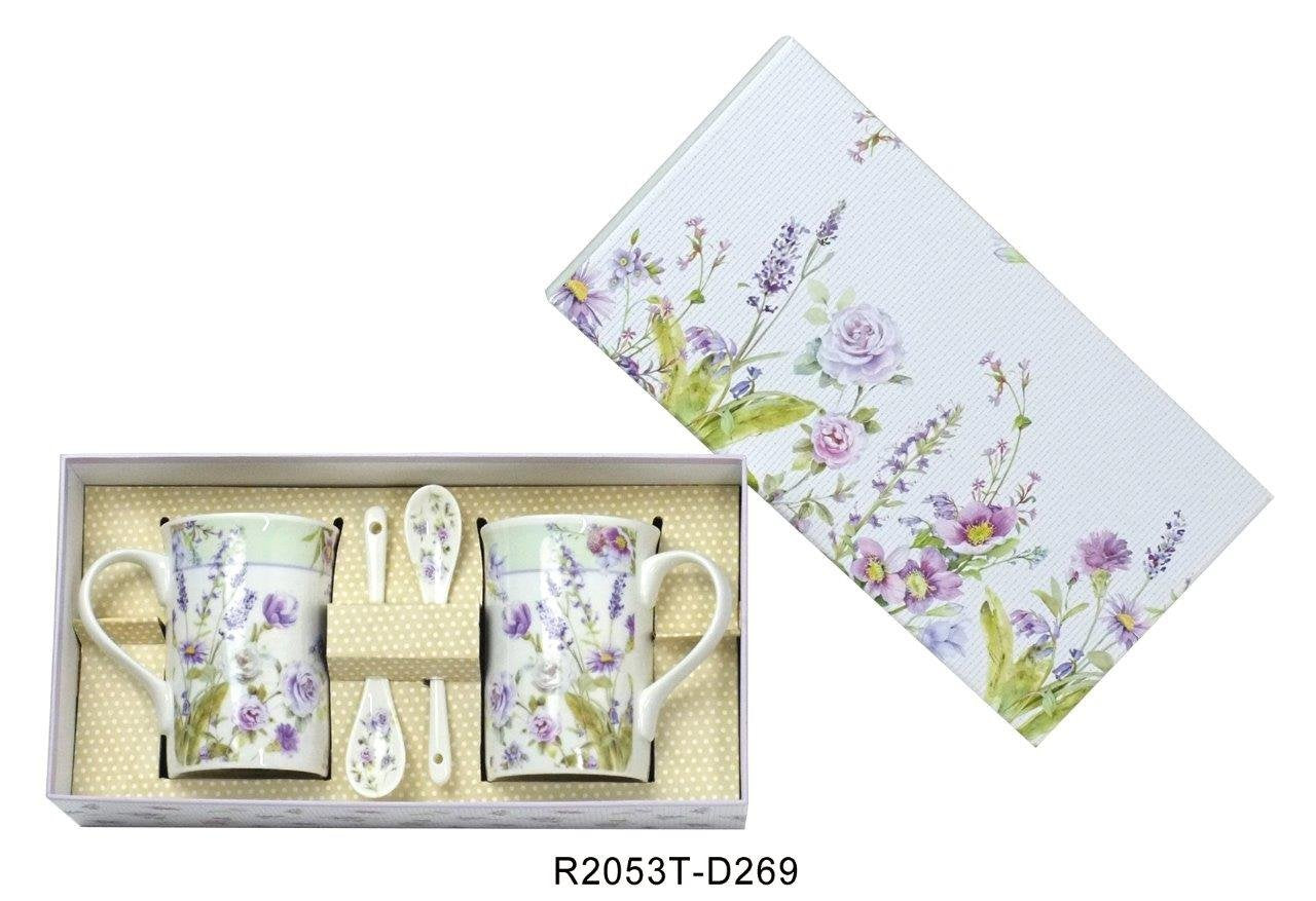 Lightahead Elegant Bone China Two Coffee Tea Mugs with Two Spoons set in Romantic Lavender Rose Design 11.2 oz each cup in attractive gift box