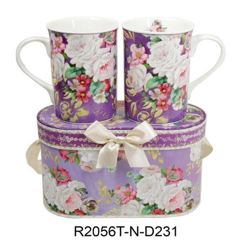 Lightahead Elegant Bone China Two Mugs set in Romantic Roses Design 11.2 oz each cup in gift box