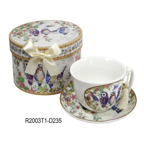 Lightahead Elegant Bone China Coffee Tea Cappuccino cup and saucer in Family of Owl design 10 oz in attractive gift box