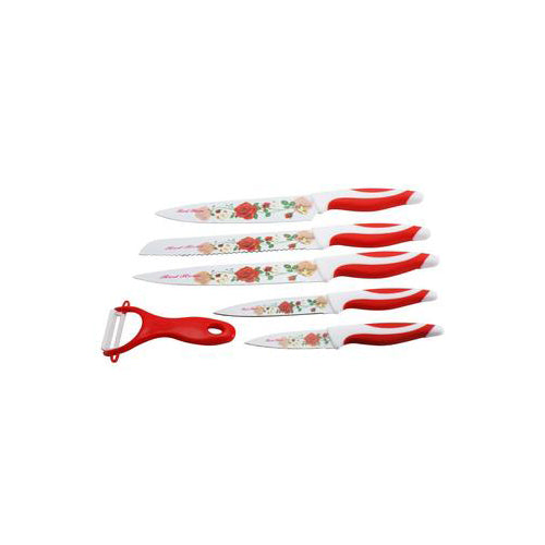 Lightahead Stainless Steel 6pc color Knife set-Chef,Bread, Carving,Utility, Paring & Slicer-Red Rose