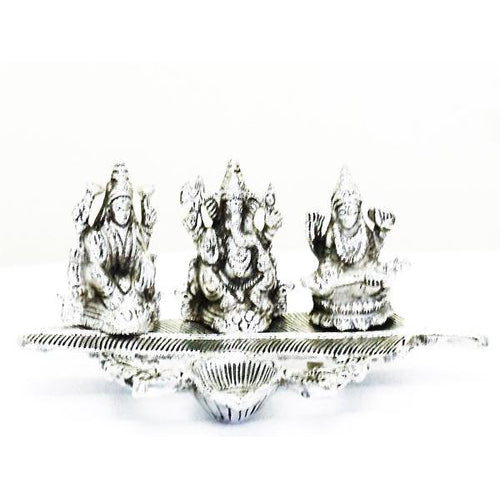 Lightahead Lord Ganesh,Goddess Lakshmi & Saraswati a unique diya tea light candle stand in white metal statue of Hindu Gods on a feather made in India