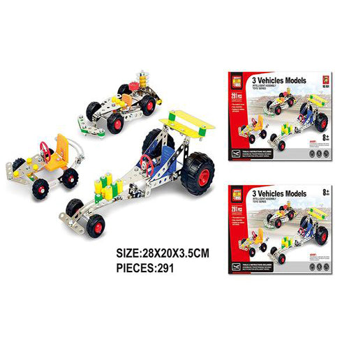 Lightahead Assembly Metal 3 Vehicle Models Kits Toy Car to Assemble. Puzzles Set for Kids, 291 pcs metal blocks