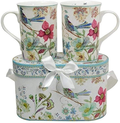 Lightahead Elegant Bone China Two Mugs set in Blue bird design 11.2 oz each cup in attractive gift box