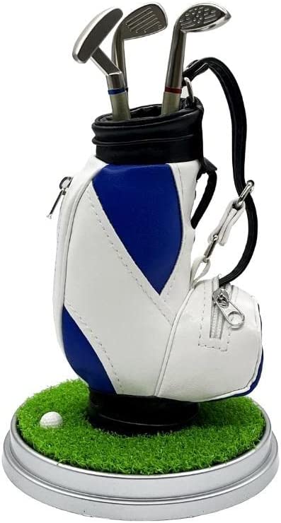 USGOLFER Mini Desktop Golf Souvenir Set with 3 Pens Shaped Like Golf Clubs a Miniature Golf Bag Pen Holder, Grass mat Stand with Ball, Novelty Golf Gifts Souvenirs (BLUE)