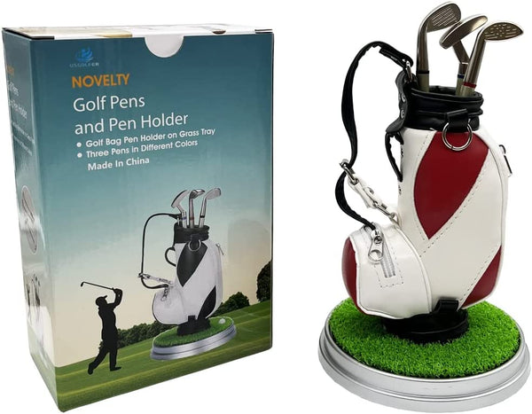 USGOLFER Mini Desktop Golf Souvenir Set with 3 Pens Shaped Like Golf Clubs a Miniature Golf Bag Pen Holder, Grass mat Stand with Ball, Novelty Golf Gifts Souvenirs (BLUE)