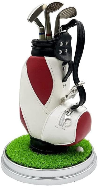 USGOLFER Mini Desktop Golf Souvenir Set with 3 Pens Shaped Like Golf Clubs a Miniature Golf Bag Pen Holder, Grass mat Stand with Ball, Novelty Golf Gifts Souvenirs (RED)