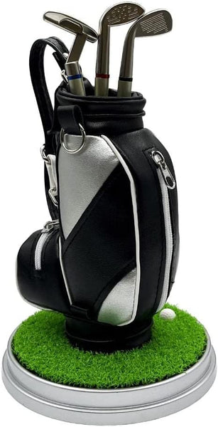 USGOLFER Mini Desktop Golf Souvenir Set with 3 Pens Shaped Like Golf Clubs a Miniature Golf Bag Pen Holder, Grass mat Stand with Ball, Novelty Golf Gifts Souvenirs (Silver)