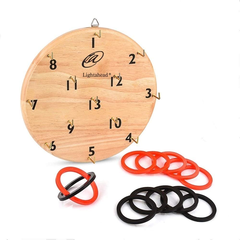 Lightahead Wooden Hook Ring Toss Game for Kids & Adults - Play Set with Board, Hooks and Rings