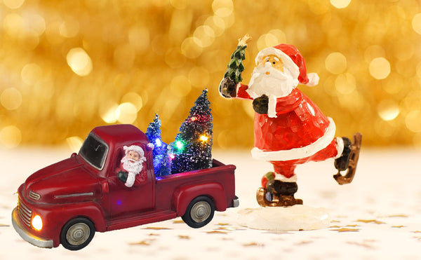 Lightahead Musical Christmas Santa in Pickup Truck Figurine with Colorful LED Light and 8 Melodies
