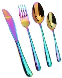 Lightahead 24pcs Rainbow colored Iridescent Stainless Steel Flatware Cutlery Set in Black Gift Box