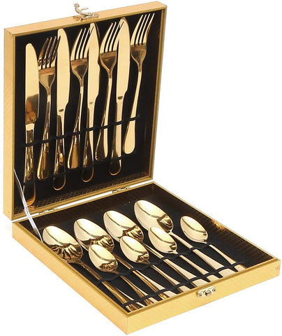 Lightahead 16pcs Stainless Steel Flatware Tableware Gold Colored Cutlery Set in Golden Gift box