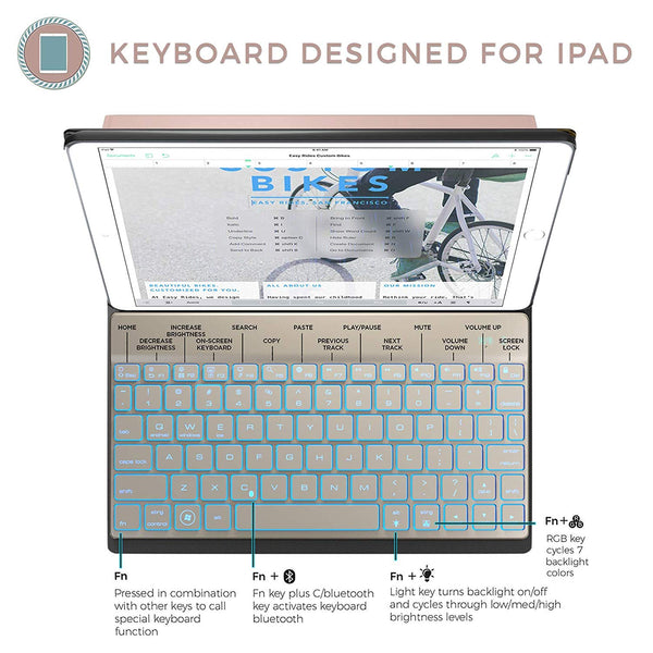 Lightahead iPad Keyboard Case for New 2018 iPad, 2017 iPad, iPad Pro 9.7, iPad Air 1 and 2 – BT Backlit Detachable Quiet Keyboard – Slim Leather Folio Cover – 7 Color Backlight – Apple Tablet (9.7, Rose)