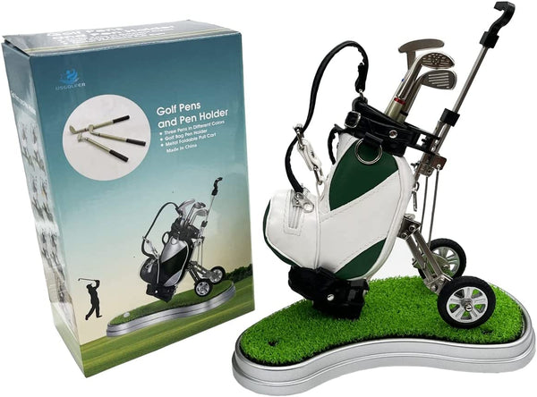 USGOLFER Mini Desktop Golf Souvenir Set with 3 Pens Shaped Like Golf Clubs a Miniature Golf Bag Pen Holder, Souvenirs Novelty Golf Gifts & Presents for Any Golf Enthusiast (Black with Mat)